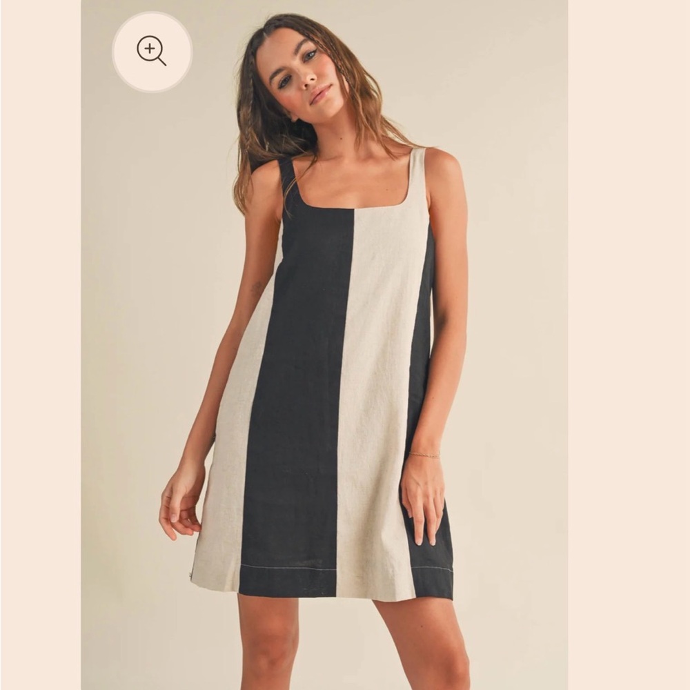MIOU MUSE BACK AND CREAM STRIPED LINEN DRESS